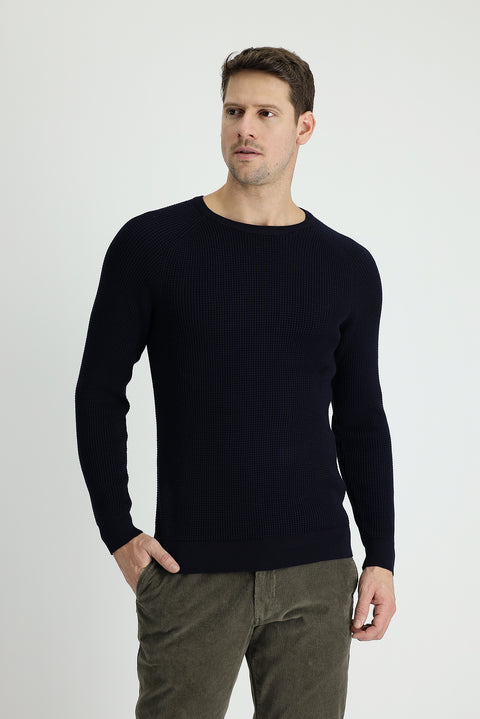 Dark Navy Crew Neck Slim Fit Narrow Cut Patterned Knit Sweater
