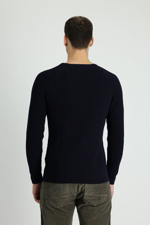 Dark Navy Crew Neck Slim Fit Narrow Cut Patterned Knit Sweater