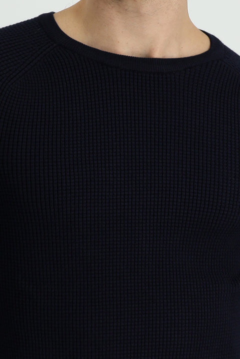Dark Navy Crew Neck Slim Fit Narrow Cut Patterned Knit Sweater