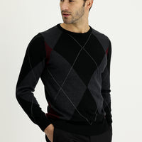 Black Crew Neck Slim Fit Narrow Cut Patterned Cotton Knit Sweater