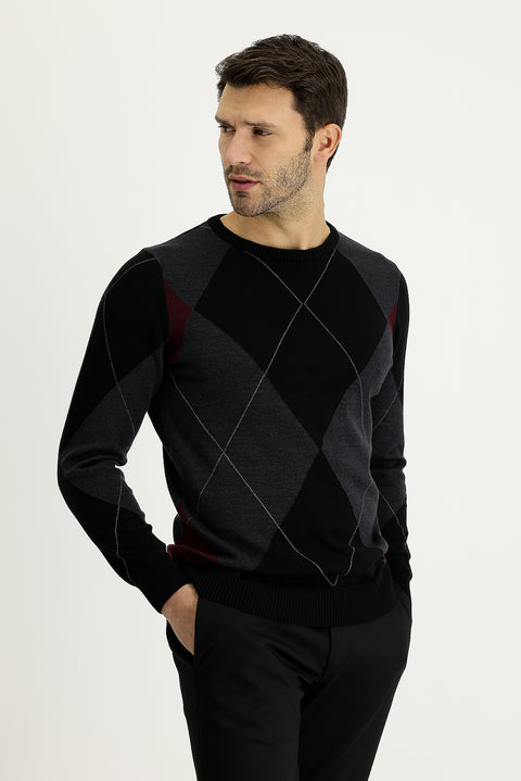 Black Crew Neck Slim Fit Narrow Cut Patterned Cotton Knit Sweater