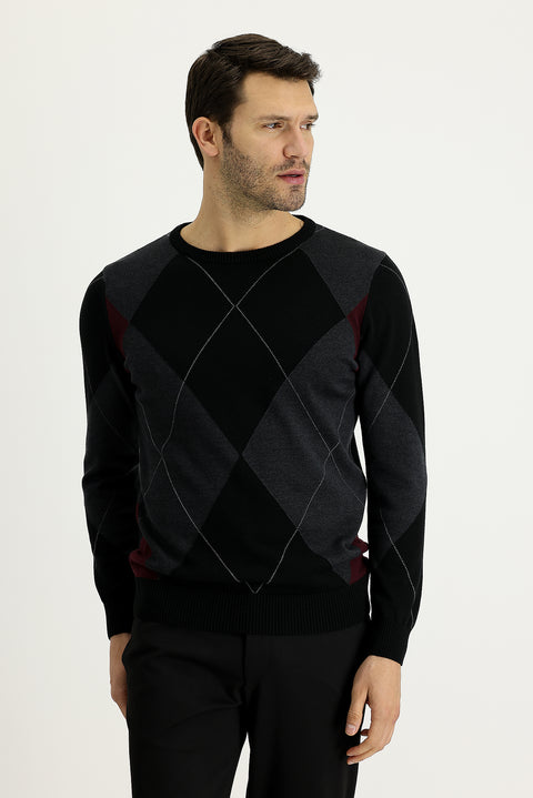 Black Crew Neck Slim Fit Narrow Cut Patterned Cotton Knit Sweater