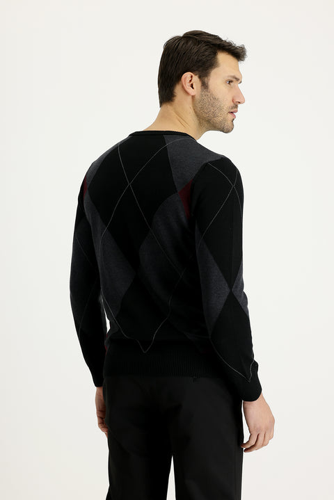 Black Crew Neck Slim Fit Narrow Cut Patterned Cotton Knit Sweater