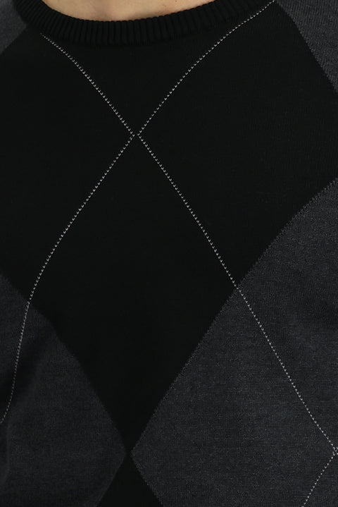 Black Crew Neck Slim Fit Narrow Cut Patterned Cotton Knit Sweater