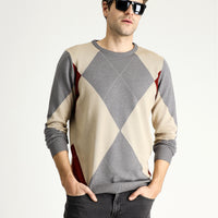 Medium Grey Crew Neck Slim Fit Narrow Cut Patterned Cotton Knit Sweater