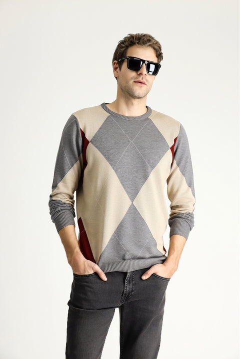 Medium Grey Crew Neck Slim Fit Narrow Cut Patterned Cotton Knit Sweater