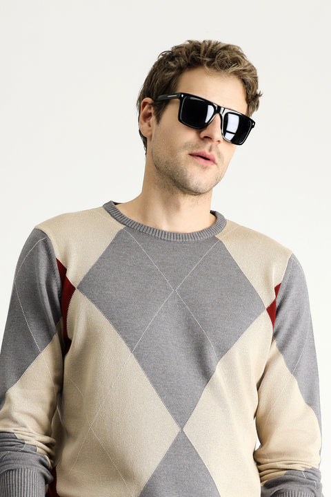Medium Grey Crew Neck Slim Fit Narrow Cut Patterned Cotton Knit Sweater