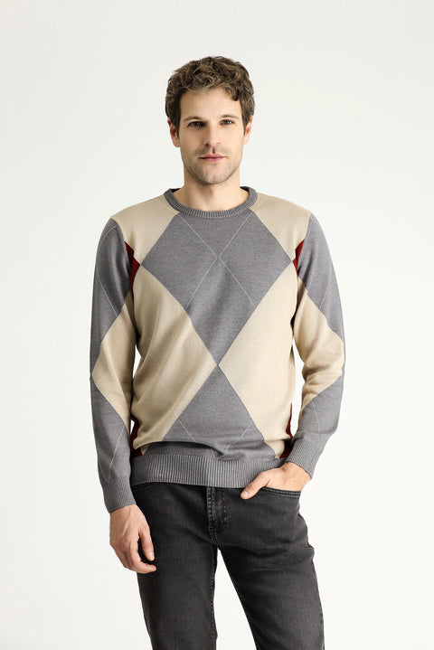 Medium Grey Crew Neck Slim Fit Narrow Cut Patterned Cotton Knit Sweater