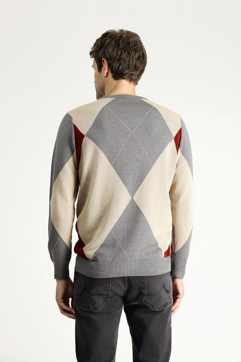 Medium Grey Crew Neck Slim Fit Narrow Cut Patterned Cotton Knit Sweater