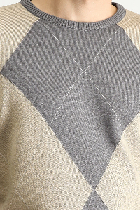 Medium Grey Crew Neck Slim Fit Narrow Cut Patterned Cotton Knit Sweater