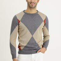 Medium Grey Melange Crew Neck Slim Fit Narrow Cut Patterned Cotton Knit Sweater