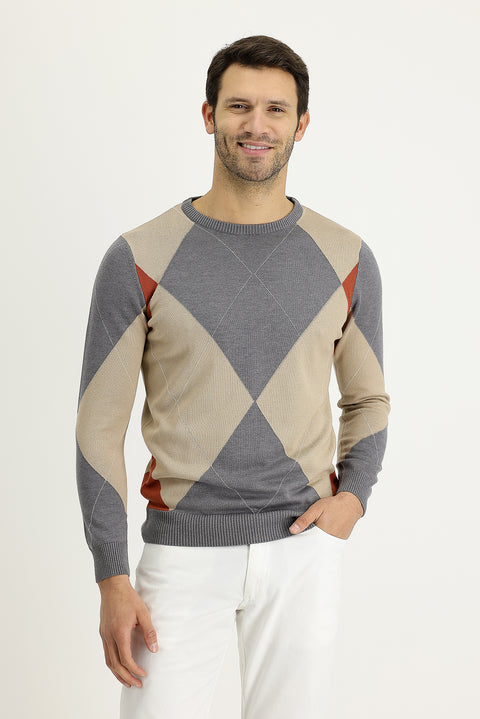 Medium Grey Melange Crew Neck Slim Fit Narrow Cut Patterned Cotton Knit Sweater