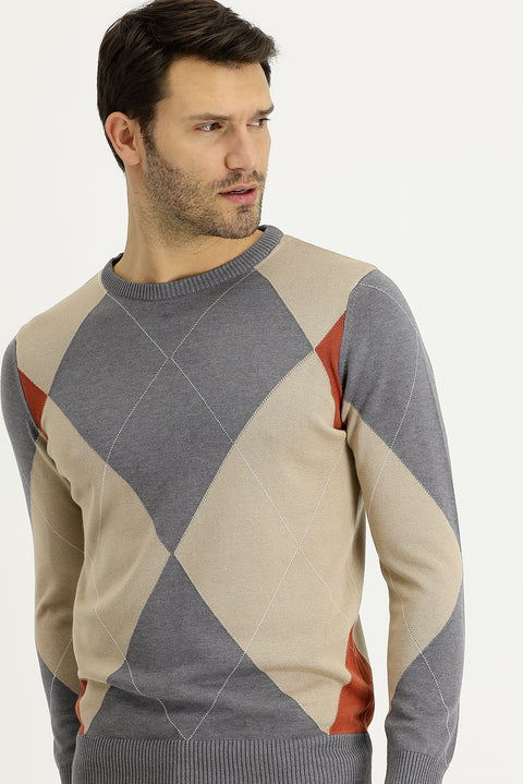 Medium Grey Melange Crew Neck Slim Fit Narrow Cut Patterned Cotton Knit Sweater