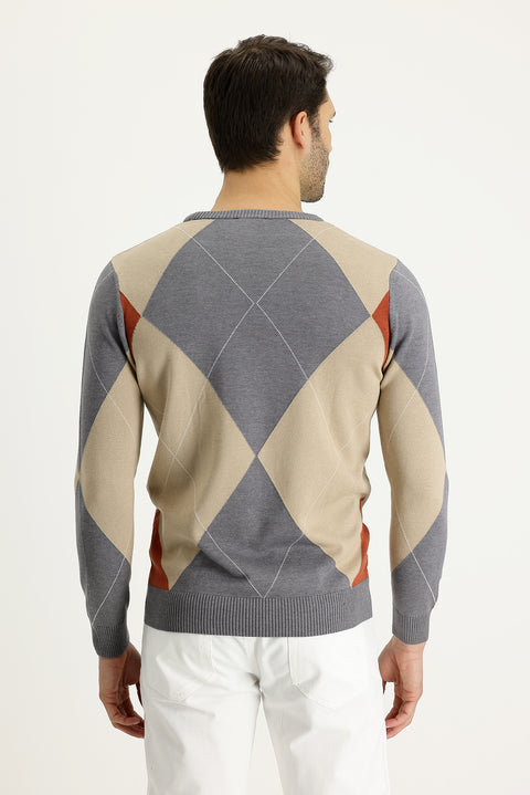 Medium Grey Melange Crew Neck Slim Fit Narrow Cut Patterned Cotton Knit Sweater