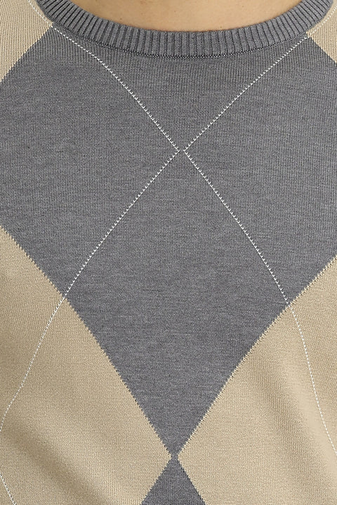 Medium Grey Melange Crew Neck Slim Fit Narrow Cut Patterned Cotton Knit Sweater