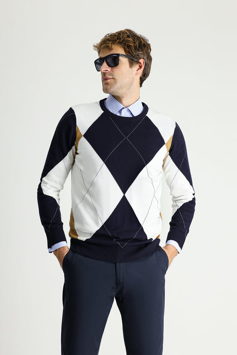 Dark Navy Crew Neck Slim Fit Narrow Cut Patterned Cotton Knit Sweater