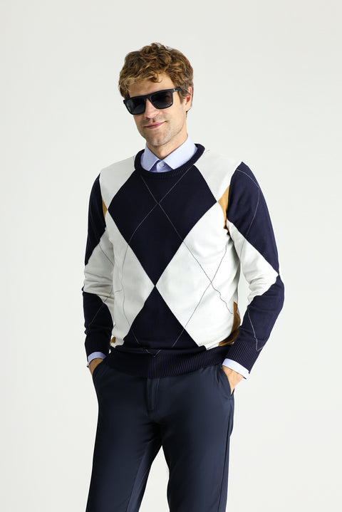 Dark Navy Crew Neck Slim Fit Narrow Cut Patterned Cotton Knit Sweater