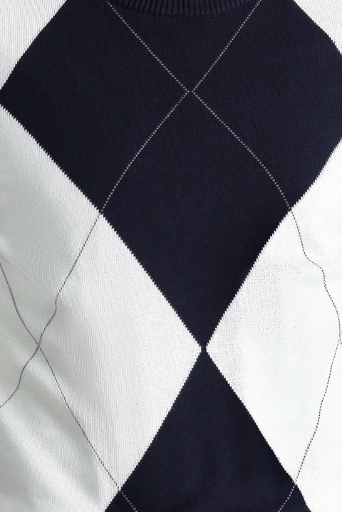 Dark Navy Crew Neck Slim Fit Narrow Cut Patterned Cotton Knit Sweater