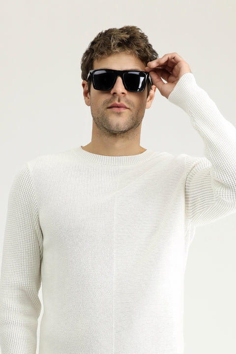Off-white crew neck slim fit patterned cotton knit sweater.