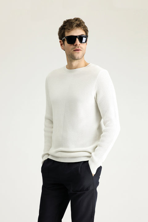 Off-white crew neck slim fit patterned cotton knit sweater.