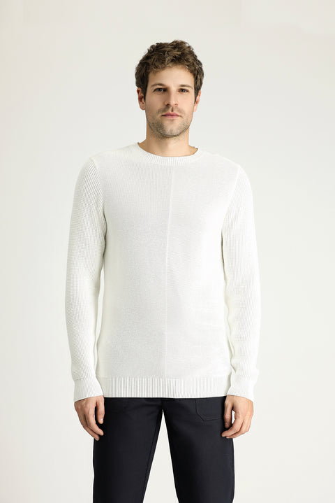 Off-white crew neck slim fit patterned cotton knit sweater.