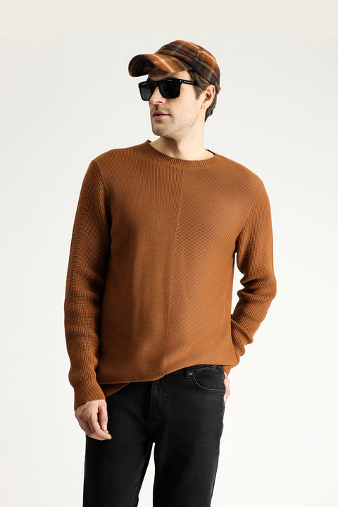 Cinnamon Crew Neck Slim Fit Narrow Cut Patterned Cotton Knit Sweater