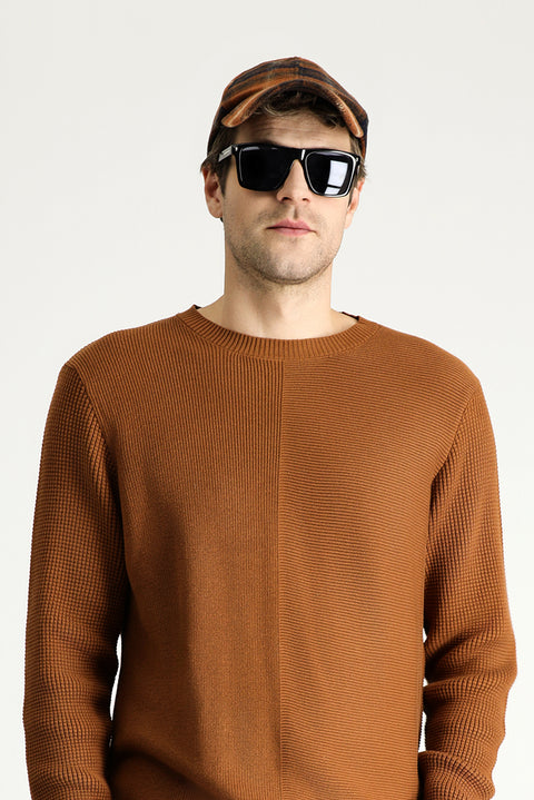 Cinnamon Crew Neck Slim Fit Narrow Cut Patterned Cotton Knit Sweater