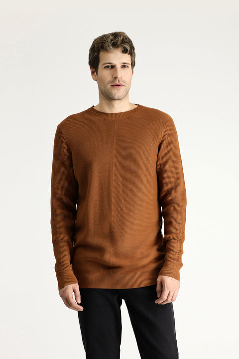 Cinnamon Crew Neck Slim Fit Narrow Cut Patterned Cotton Knit Sweater