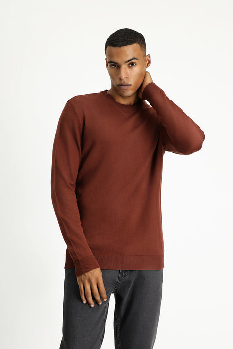 Tile-colored Crew Neck Regular Fit Patterned Cotton Knit Sweater