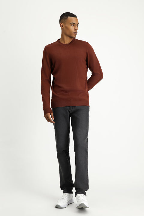 Tile-colored Crew Neck Regular Fit Patterned Cotton Knit Sweater