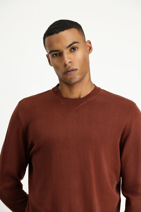 Tile-colored Crew Neck Regular Fit Patterned Cotton Knit Sweater