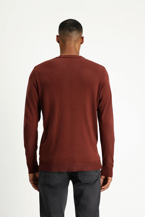 Tile-colored Crew Neck Regular Fit Patterned Cotton Knit Sweater