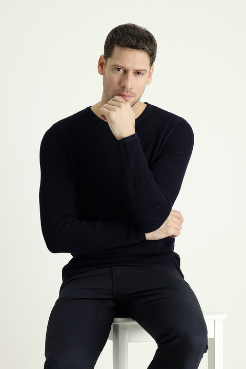 Dark Navy Crew Neck Slim Fit Narrow Cut Patterned Knit Sweater