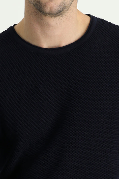 Dark Navy Crew Neck Slim Fit Narrow Cut Patterned Knit Sweater