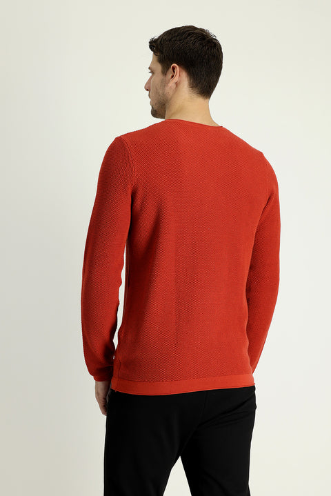Medium Orange Crew Neck Slim Fit Narrow Cut Patterned Knit Sweater