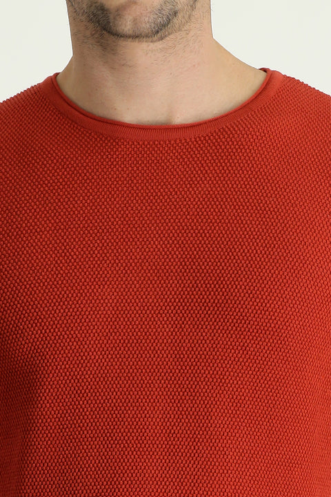 Medium Orange Crew Neck Slim Fit Narrow Cut Patterned Knit Sweater