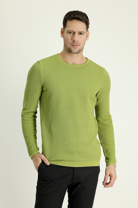 Pistachio Green Crew Neck Slim Fit Narrow Cut Patterned Knit Sweater
