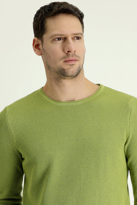 Pistachio Green Crew Neck Slim Fit Narrow Cut Patterned Knit Sweater