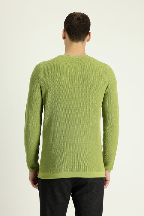 Pistachio Green Crew Neck Slim Fit Narrow Cut Patterned Knit Sweater