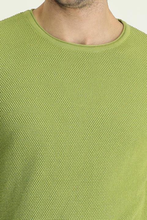 Pistachio Green Crew Neck Slim Fit Narrow Cut Patterned Knit Sweater