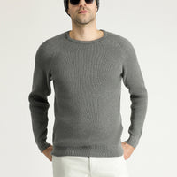 Medium Grey Melange Crew Neck Slim Fit Narrow Cut Patterned Cotton Knit Sweater