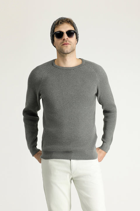 Medium Grey Melange Crew Neck Slim Fit Narrow Cut Patterned Cotton Knit Sweater