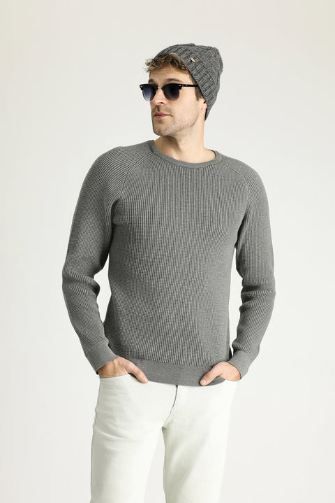 Medium Grey Melange Crew Neck Slim Fit Narrow Cut Patterned Cotton Knit Sweater