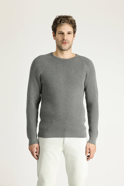 Medium Grey Melange Crew Neck Slim Fit Narrow Cut Patterned Cotton Knit Sweater