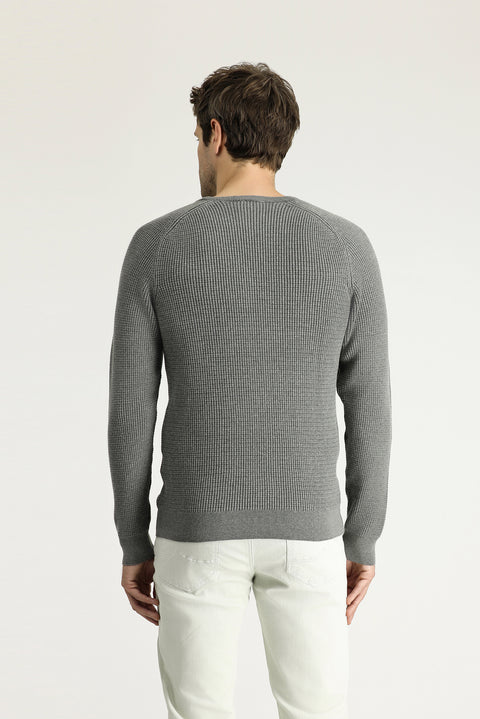 Medium Grey Melange Crew Neck Slim Fit Narrow Cut Patterned Cotton Knit Sweater