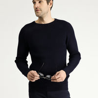 Dark Navy Crew Neck Slim Fit Narrow Cut Patterned Cotton Knit Sweater