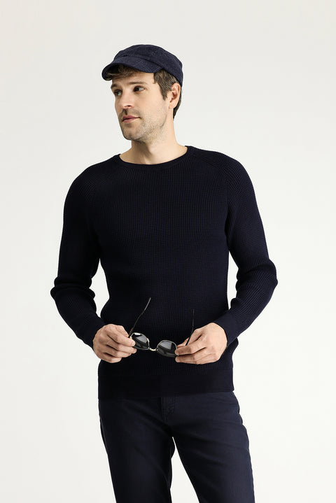Dark Navy Crew Neck Slim Fit Narrow Cut Patterned Cotton Knit Sweater