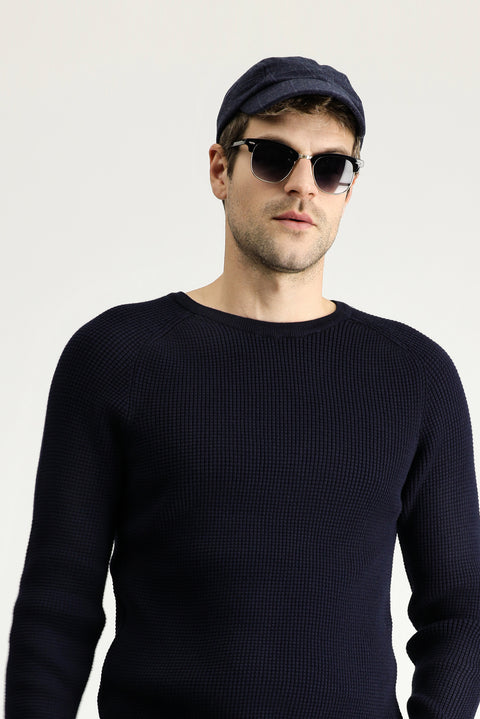 Dark Navy Crew Neck Slim Fit Narrow Cut Patterned Cotton Knit Sweater