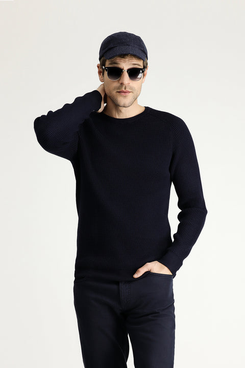Dark Navy Crew Neck Slim Fit Narrow Cut Patterned Cotton Knit Sweater
