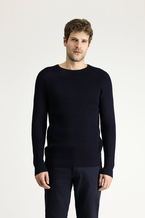 Dark Navy Crew Neck Slim Fit Narrow Cut Patterned Cotton Knit Sweater